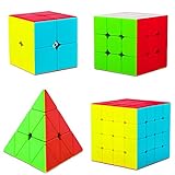 Coolzon Conjunto de Cubo de Velocidad, 4 Pack Stickerless Magic Cube Set 2x2 3x3 4x4 Pyraminx Triangle, Fácil Giro 3D Puzzle Cube Games Toy Regalo para Niños Adultos