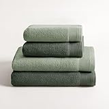 BOHEME | Juego de 4 Toallas de Ducha Bicolor Harmony | Verde Oscuro y Verde Claro | 2 (50x100) + 2 (70x140) | 100% Algodón Zero Twist|600 g/m²|Suaves, Absorbentes y de Secado Rápido|Lavables a Máquina