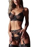 Conjunto de Lencería Sexy para Mujer viene con Sujetador Braguita y Ligas 3 Piezas Ropa Interior Bra con Aros y Tanga Atrevida Bordado Rosa Floral Transparente Liguero con 4 Tirantes Ajustables