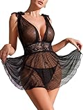 NLAND Lencería Babydoll Sexy para Mujer Cuello en V Profundo Transparente de Encaje Camisón Encaje de Lunares Lencería con G-String，Negro Talla única