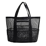 MUNKST Bolsa grande de malla para piscina, bolsas de playa para mujeres con bolsillo impermeable con cremallera, bolsa de viaje familiar esencial para vacaciones de verano (negro)