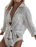 Niwicee Vestido de Playa Mujer Camisolas de Playa Bikini Cover Up Camisas de Cuello V Manga Larga Verano Casual Color Sólido Blusa Tops con Botón (Blanco,XL)