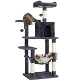 Feandrea Árbol para Gatos, Altura 143 cm, Torre de Gatos, con 4 Postes Rascadores, 2 Plataformas, 1 Cueva, 1 Hamaca, 2 Pompones, Tela de Felpa, Multinivel, Gris Ahumado PCT161G01