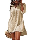 Rayson Vestido de Playa Mujer Camisa Beach Cuello en V Bikini Camisolas Cover up de Verano Color Sólido Blusa de Biquini Jacquard(Beige)