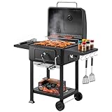Outsunny Barbacoa de Carbón Portátil, Barbacoa de Carbón con Bandeja y Ventilación Ajustable, Gran Parrilla, Estantes Laterales, Termómetro, Tapa, Chimenea, Cajón de Cenizas, Ruedas, Puerta, Negro
