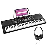 MAX KB15 - Teclado piano con 61 teclas, piano eléctrico con micrófono y auriculares, 8 horas de batería, pantalla LCD, 70 canciones, ideal para principiantes, 26 tipos de sonido, 8 de percusión, USB-C