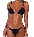JFAN Bikini de Lazo Acanalado para Mujer Traje de Baño Brasileño con Parte Inferior Descarada(Negro,L)