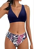 Mujer Traje de Baño de Dos Piezas Push-up Cuello en V Bañador Cintura Media Correas Laterales del Bikini Set Estampado Ropa de Playa Traje de Baño(Azul Marino/Hoja,XL)