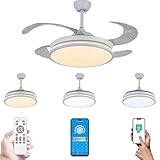 Mi Ko Mi Ka Ventilador de techo 36W Blanco de Luz con Mando a Distancia -Motor DC Eficiente y Silencioso, 3 tonalidades, aspas desplegables, 6 velocidades, control remoto (F8808)