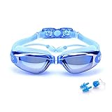 BEEWAY Gafas de natación, Premium cómodo Gafas de natación Tapones para los oídos adjunta, Anti Niebla Protección UV Lentes Totalmente Ajustable para Adulto Hombres Mujeres y niños 8+ - Azul