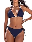 CMTOP Bikini Mujer Conjunto de Bikini Halter Triángulo Bikini Top y Braga de Bikini con Ajustable Cordón de Cintura Alta Sólido Traje de Baño 2 Piezas Sexy de Playa(Azul Marino_1, M)