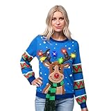 JOYIN Suéter de Navidad con luces LED para mujer, diseño de reno feo con bombillas integradas, rojo, negro, azul, suéter largo de Navidad (S-XL), Adulto Reno Azul, L