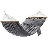 SONGMICS Hamaca, Hamaca de exterior, Cama columpio, 2 barras de madera, con 2 almohadas, Capacidad de Carga 300 kg, 210 x 150 cm, Gris GDC022G01