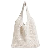 Augesak Bolso de Playa para Mujer, Bolso de Hombro de Punto para Mujer, Bolso de Playa de Malla para Fiestas en la Playa Viajes Compras-Beige