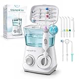 Irrigador dental Aquapik100® profesional waterflosser limpieza profunda 10 niveles de presión 8 boquillas depósito 600ml para encías sensibles ortodoncia puentes implantes elimina placa dental Blanco