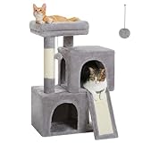 PETEPELA Rascador de 77 cm con doble condo para gatos de casa, casa todo en uno con barra acolchada y postes y bolas intercambiables, color gris