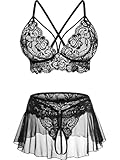 JFAN Conjunto Lencería para Mujer 3 Piezas Transparente Cuello en V de Encaje Mini Babydoll Floral Conjunto de Push Up Sujetador y Tanga，Negro Talla única