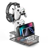 KDD Soporte Auriculares Gaming con Cajón, Universal Soporte Mando & Porta Auriculares Mesa con Organizador de Cables, Gancho Controlador con Barra de Apoyo de Aluminio para Juegos Accesorios Gaming PC