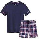 MoFiz Pijamas Niños Corto Suave Verano Conjunto de Pijama Dos Piezas Ropa de Dormir Manga Corta Camisetas de Pijama y Pantalón Cortos a Cuadros Azul Marino 14-16 Años (152-164)