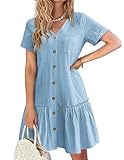Hotouch Vestido Camisero Mujer Verano Lino Elegante con Botones Vestido Veraniego Manga Corta Túnica Escote en V Vintage Mini Azul Claro M