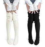 Calcetines altos del muslo de las mujeres por encima de la rodilla Cable de punto de bota, calcetines largos y cálidos de la moda de invierno, 2 piezas-blanco y negro,