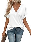 Cuptacc Camiseta Manga Corta Mujer Color Sólido Top Mujer Verano Elegantes Cuello en V Blusa Blanco, Large L 42-44