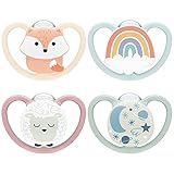 NUK Space Day & Night chupete | 0-6 meses | Chupetes que brillan en la oscuridad con ventilación adicional para pieles sensibles | Silicona sin BPA | Lobo y oveja | 4 unidades