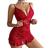Gatamiau Camisón de Mujer Sexy Ropa de Dormir Encaje Transparente Ropa Noche Cuello V Babydoll Vestido con G-String Pijama Tirantes Corto Elegante Luna Miel Negro Burdeos Azul (Burdeos, M)
