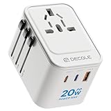 decqle Adaptador Enchufe Universal, Adaptador de Viaje con 2 USB-C(PD 20W) y 1 USB-A, Adaptador Universal para EU, Reino Unido, Americano, Canadá, Australia& 224+País(Blanco)