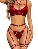 Rslove, Conjunto de lencería sexy para mujer, de encaje, sujetador y braguita con liguero (juego de 6 piezas), rojo, M