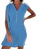 JFAN Camisolas Playa Mujer Verano Vestido de Playa Cuello V Camisa Sin Mangas Suelta de Bikini Cover Up Beachwear(Azul,Talla única)