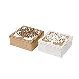 LOLAhome Set de 2 Cajas de Madera Árbol de la Vida en Blanco y Natural de 20x20x9 cm