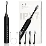 Cepillo Eléctrico de Dientes Recargable Portátil, 6 Modos Ajustables 4 Cabezas de Repuesto, Impermeable IPX7, Compatible con Adultos y Niños, Color Negro, Ideal para Hogar y Viaje