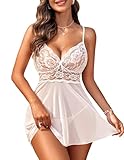 Avidlove Lencería para Mujer Encaje Babydoll con Tirantes Chemise Halter Teddy Escote en V Ropa de Dormir Blanco S