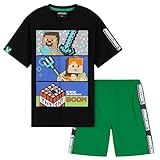 Minecraft Pijama Niño Corto, Conjunto Verano con Camiseta Niño y Pantalón Corto, Ropa de Dormir, Regalo para Gamer (Negro/Verde, 11-12 Años)