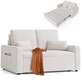 Xbro Sofa Cama 2 Plazas, Sillón Convertible 3 en 1 con Cama, Dos Bolsillos de Almacenamiento, Tapizado en Terciopelo, 147 x 196 x 87cm, Incluye Dos Cojines,Beige