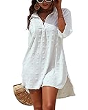 Rayson Vestido de Playa Mujer Camisa Beach Cuello en V Bikini Camisolas Cover up de Verano Color Sólido Blusa de Biquini Jacquard(Blanco)