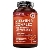 Nutravita Vitamina B Complex con Vitamina C D B - 500 Comprimidos de Multivitaminas para +1 Año - Las 8 Vitaminas B + Biotina - Metabolismo, función mental, sistema nervioso (EFSA)