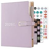 Agenda académica 2026 A5 día por página, organizador de horarios con calcomanías de calendario, agenda con soporte para bolígrafo y bolígrafo, papel grueso, 14 x 21,5 cm (morado)