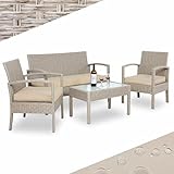 CASARIA® Conjunto Muebles Jardín 4 Piezas Poliratan 2 Sillones Incl. Cojines Banco Mesa Cristal Lounge Exterior Terraza Balcón Crema