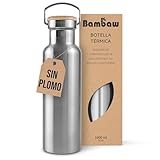 Bambaw Botella Acero Inoxidable 1 Litro, Botella Termica 1 Litro Mantiene Bebidas Frías 24h y Calientes 12h, Garrafa de Agua Termica 1l Metálica, Garrafa Isotermica con Asa (Acero Nature)