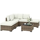 Outsunny Conjunto de Jardín de Ratán de 6 Piezas, Conjunto Terraza Resistente, Muebles Jardín Exterior Incluye Cojines, 4 Módulos de Asiento, 1 Sofá Esquinero y Mesa Centro de Vidrio, Amarillo Mixto