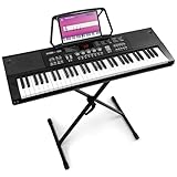 MAX KB15 - Teclado piano con 61 teclas, micrófono y pantalla, teclado con soporte, 8 horas de batería, 70 canciones, 16 sonidos, 8 percusiones, función de aprendizaje, teclado piano para niños, USB-C