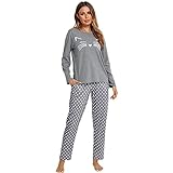 BIKING Pijamas de Manga Larga, Pijamas de Mujer Pijamas Bonitos Pijamas de Lunares Conjunto de Pijamas de Viaje en casa cómodos y Casuales (Gris, M)