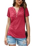 Camisetas Mujer Cuello en V Sexy Camiseta de Manga Corta Verano Blusas Casual Suelto Color T-Shirt Casual,S+Rojo