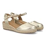 100276 Sandalia Alpargata de mujer con cuna de esparto y puntera cerrada, talon abierto con cierre de hebilla. Cuna baja con plataforma ligera ideal para uso diario en primavera verano Oro Talla 38