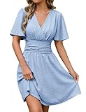 HEEKPEK Vestidos Verano Mujer Manga Corta Cuello en V Vestido de Mujer Elegante Corto Dress de Mangas Mariposa Cintura Alta Elástica Mini Vestido Sueltos Casual (Azul, L)