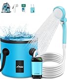 WADEO Ducha de Camping portátil, Ducha Exterior eléctrica Recargable con Pantalla Digital Inteligente, Cubo de Agua de 20 litros y Dos Cabezales de Ducha, para Acampada, Senderismo y Viajes (Azul)