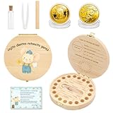 WALLFID Caja Dientes de Leche Ratoncito Pérez para Niño y Niña, Cajita de Madera con Motivo Ratón Colorido, Incluye Tarjeta y Moneda,Acumulación de Dientes