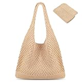 IHLOOTD Bolsa de Playa Malla, Bolso de Hombro Punto, Bolso de Ganchillo Mujer, Bolso Playa Crochet para Viajes Accesorios, Compras (Marrón)